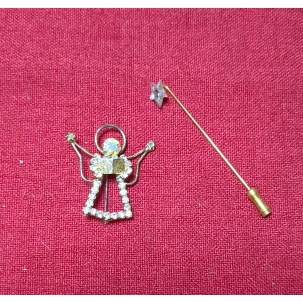 Vintage Rhinestone Star Stick Pin And Rhinestone Angel Pin